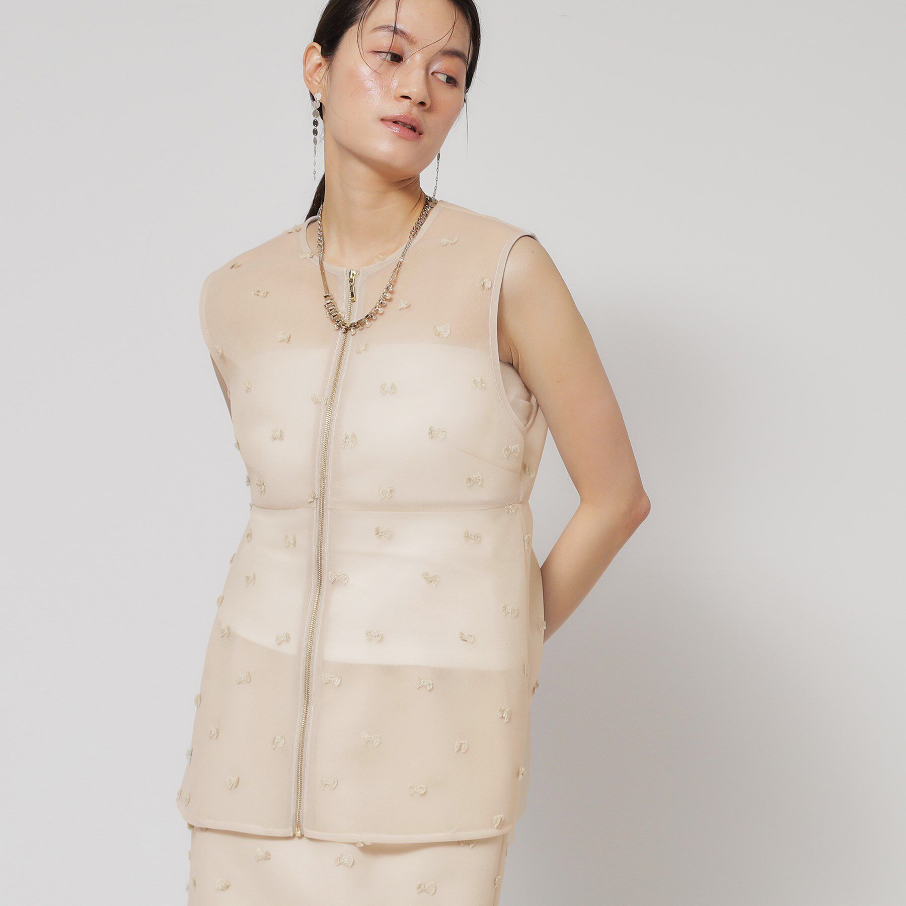 SunaUna「【ペプラム／ジップアップ】リボンジャカードトップス」|シャツ・ブラウス|