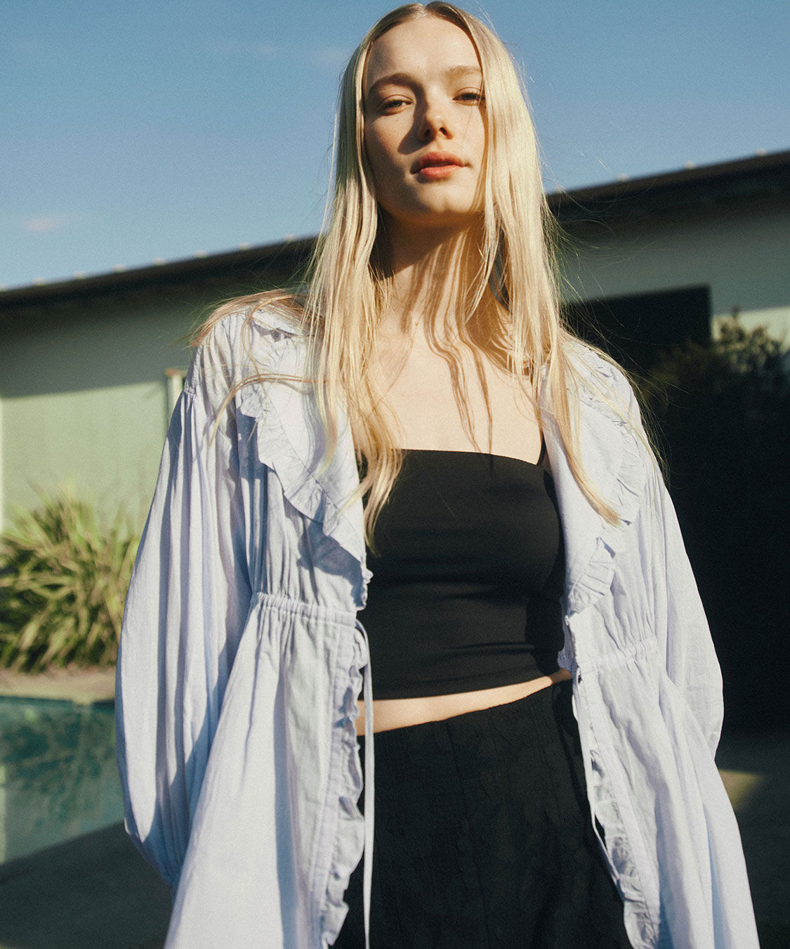 COCO DEAL「オープンカラーフリルブラウス」|シャツ・ブラウス|サックス