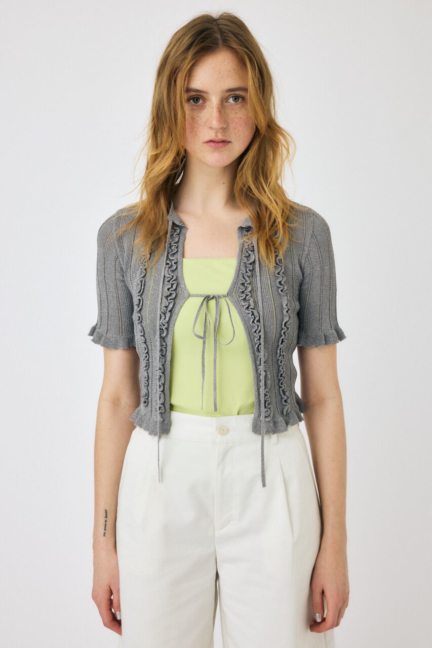 MOUSSY「FRILL STRIPED カーディガン」|ニット・セーター|GRY