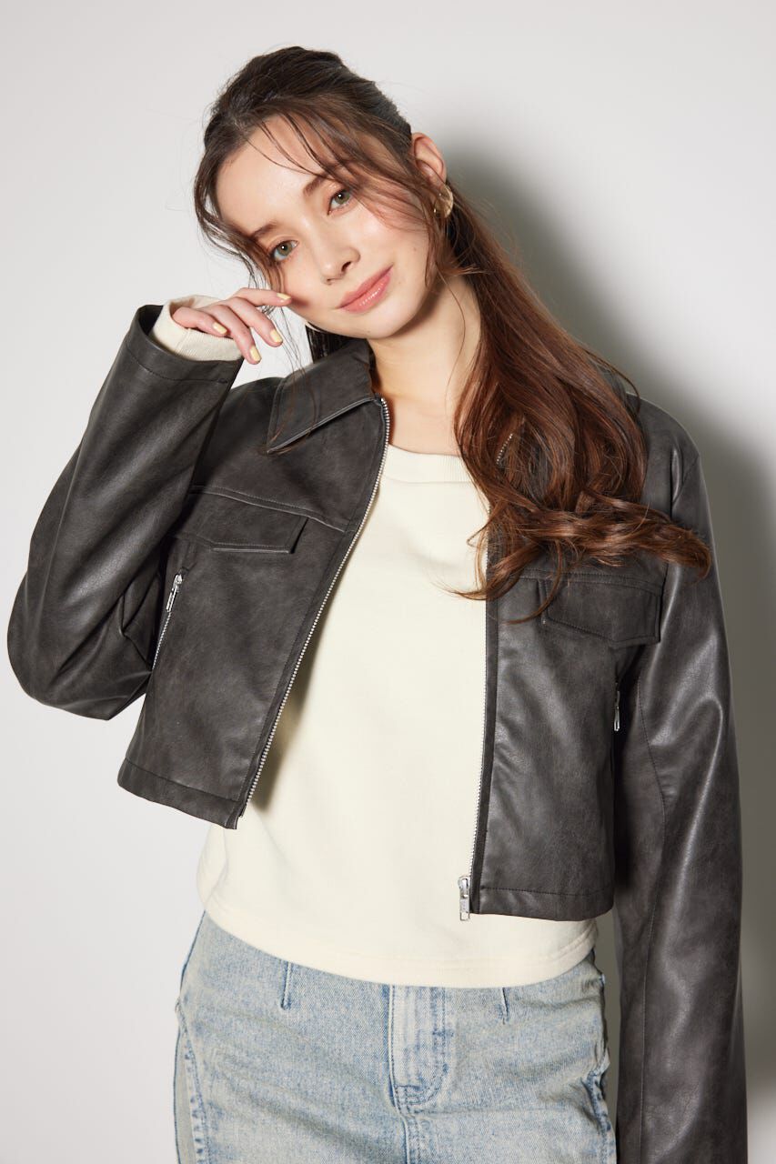 rienda「フェイクレザーポケットデザインショートジャケット」|その他|L/BLK1