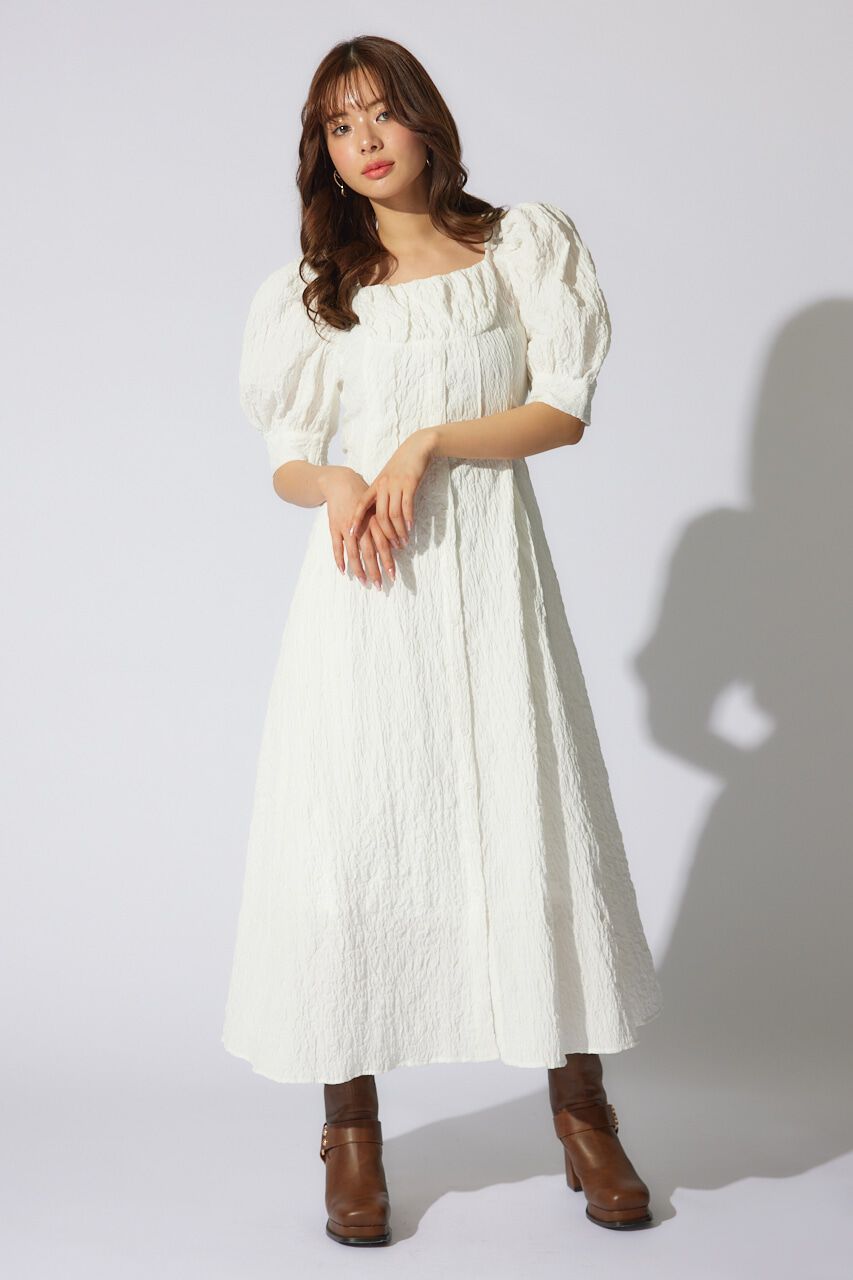 rienda「バストギャザーデザインジャガードフレアワンピース」|ワンピース|WHT