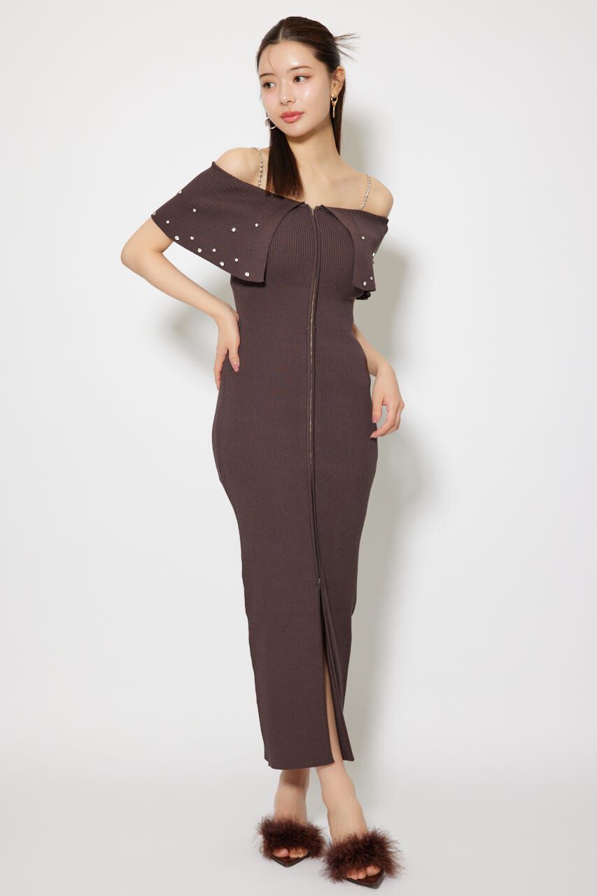 rienda「2WAYオフショルビジューカラーハーフスリーブニットワンピース」|ワンピース|