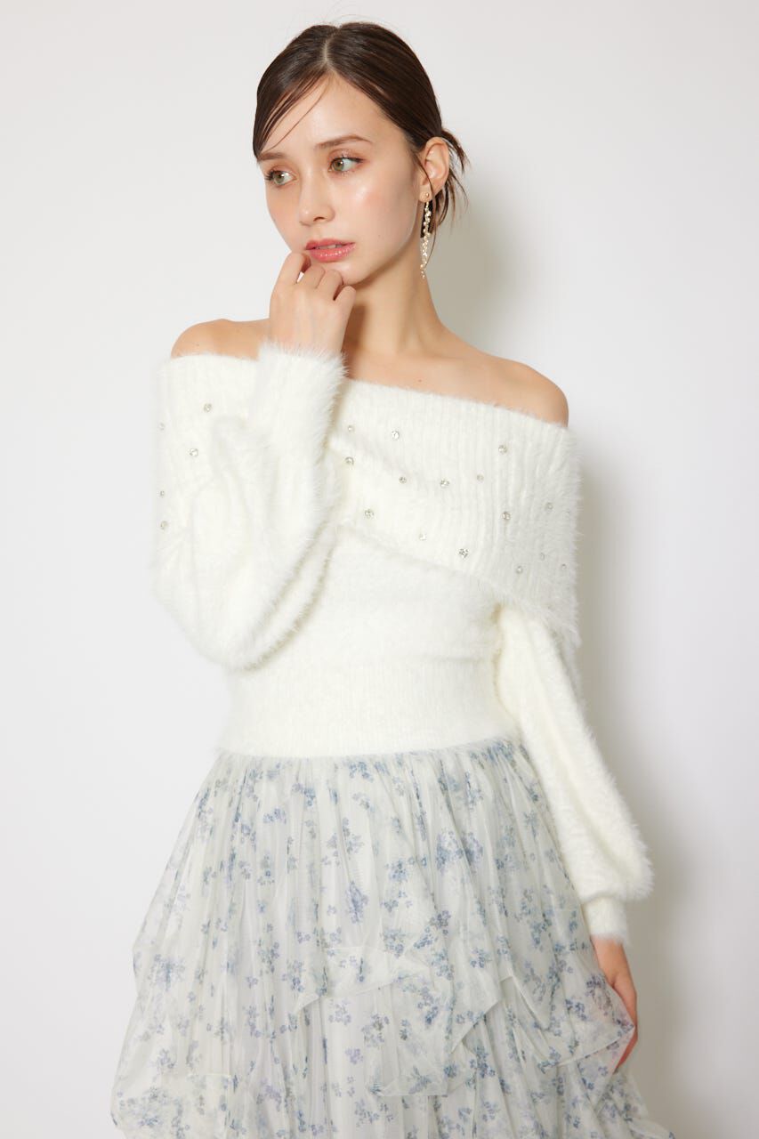 rienda「オフショルビジューシャギーニットトップス」|ニット・セーター|WHT