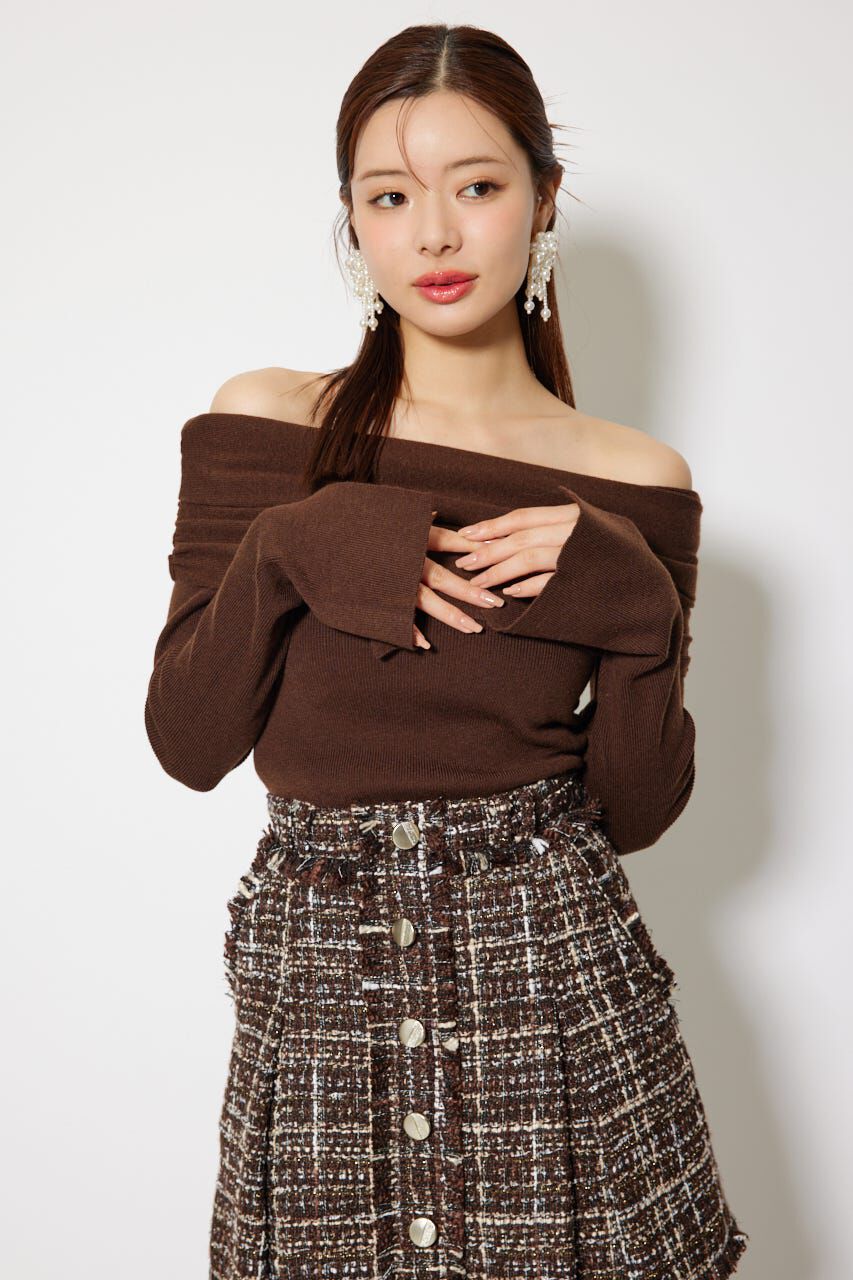 rienda「オフショルギャザーニットトップス」|ニット・セーター|BRN