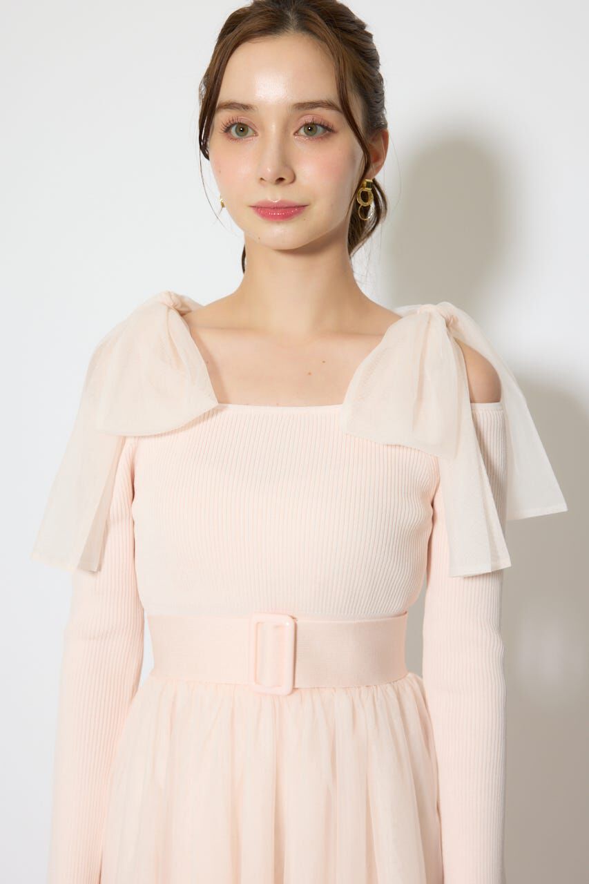 rienda「ショルダーリボンチュールニットワンピース」|ワンピース|