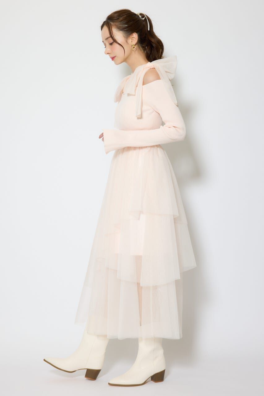 rienda「ショルダーリボンチュールニットワンピース」|ワンピース|