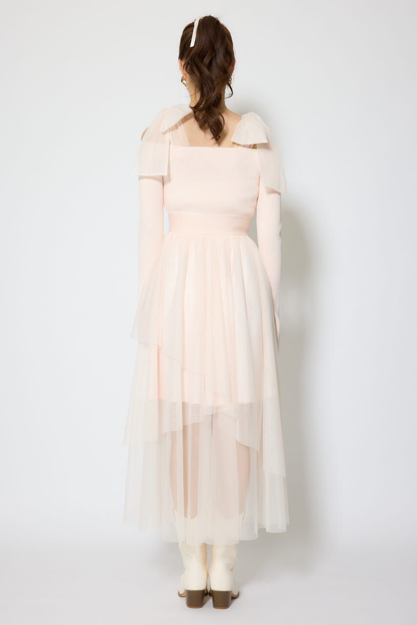 rienda「ショルダーリボンチュールニットワンピース」|ワンピース|