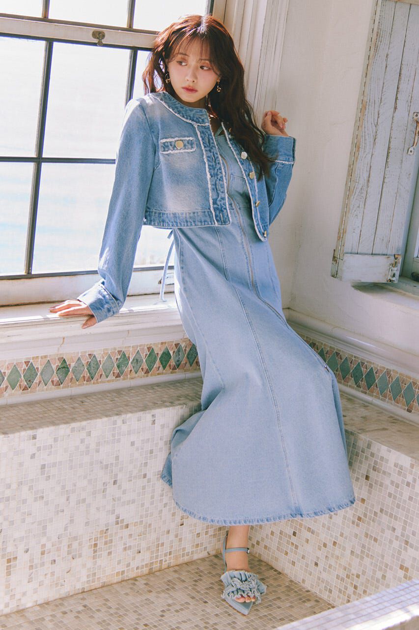 rienda「ノーカラーフリンジデニムジャケット」|デニムジャケット|