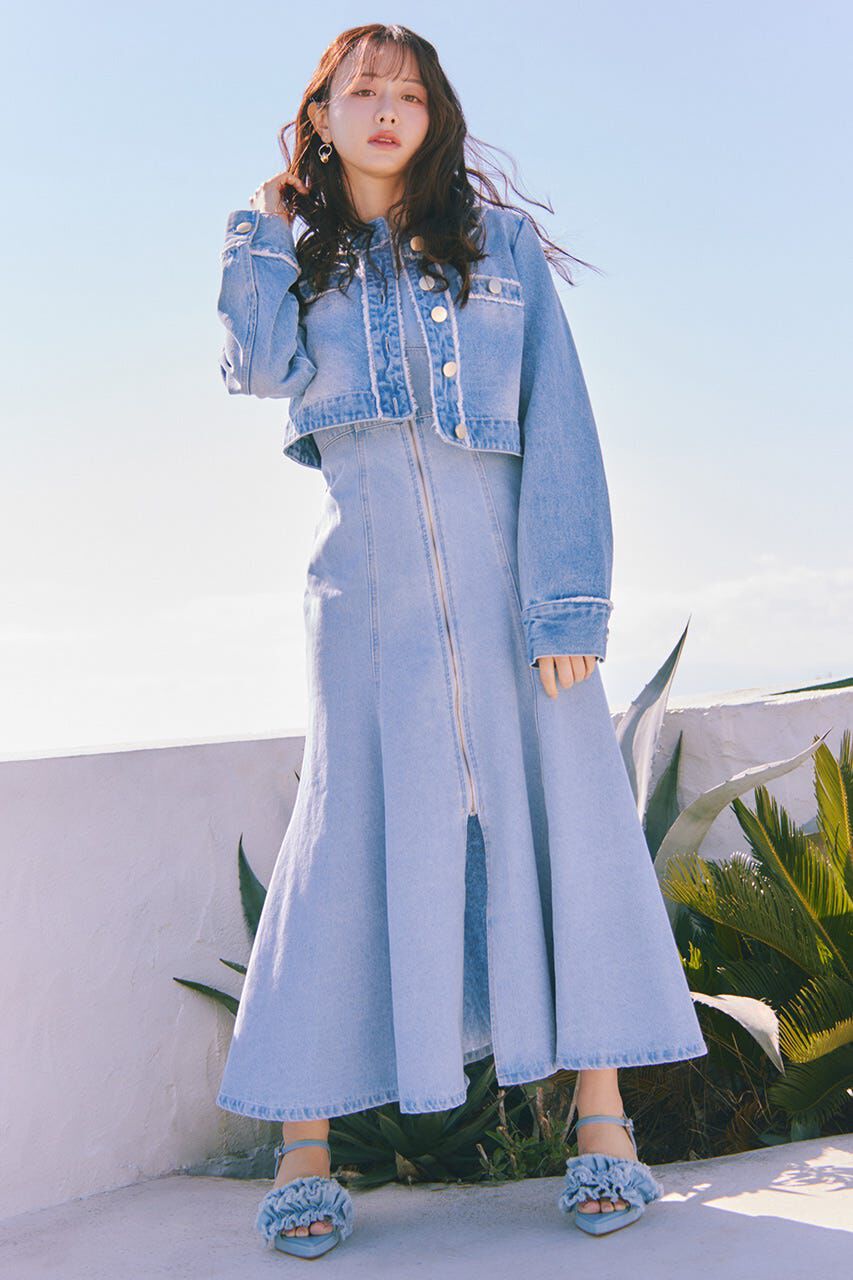 rienda「ノーカラーフリンジデニムジャケット」|デニムジャケット|