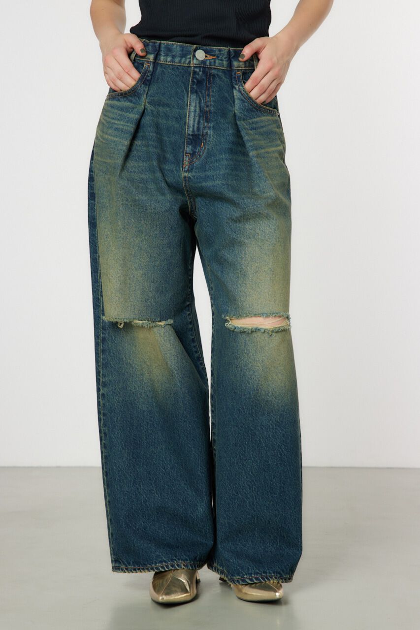 RODEO CROWNS「タックワイドクラッシュデニムパンツ」|デニム|BLU