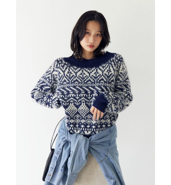 Ungrid「【WEB限定】オフショルジャカードニット」|ニット・セーター|ネイビー