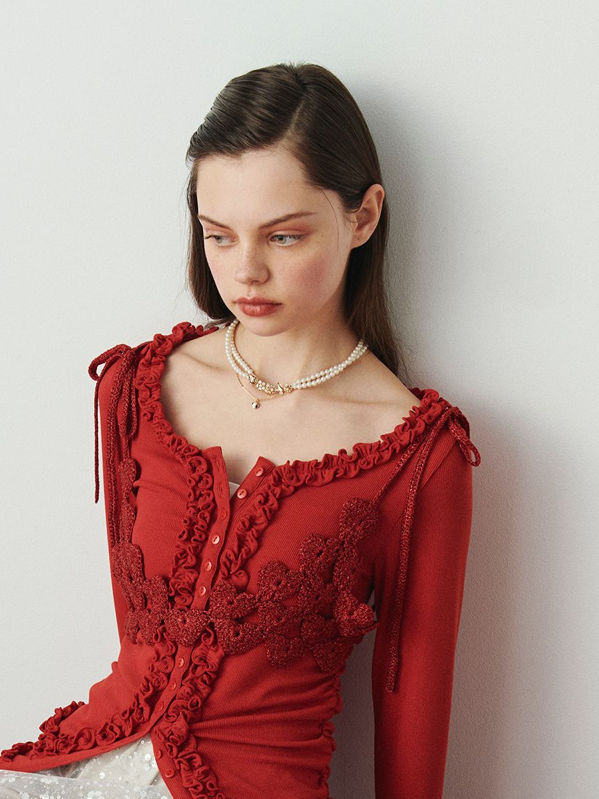 FURFUR「かぎ針ハートモチーフビスチェ」|ベスト・ジレ|RED