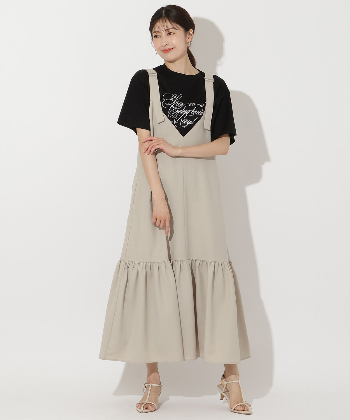 アンドクチュール「フリルギャザー切替ジャンスカ」|ワンピース|ベージュ