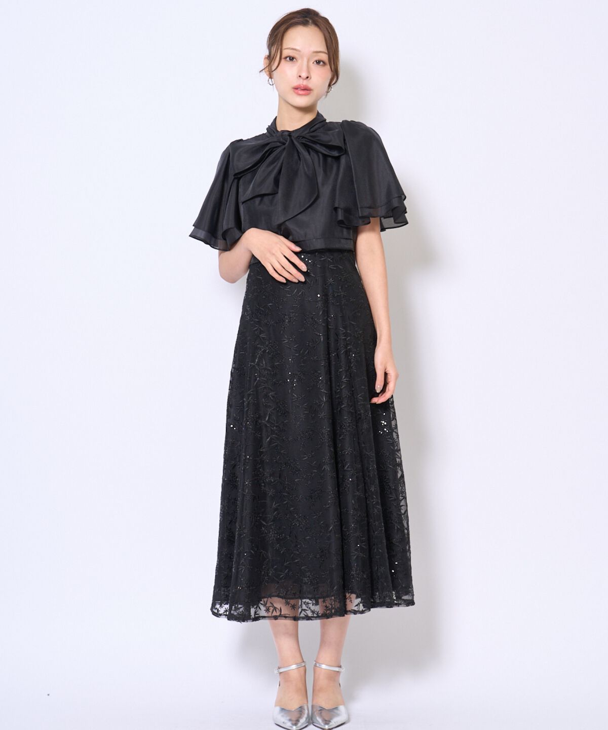 アンドクチュール「ラメボタニカルレースレイヤードドレス」|ドレス|ブラック