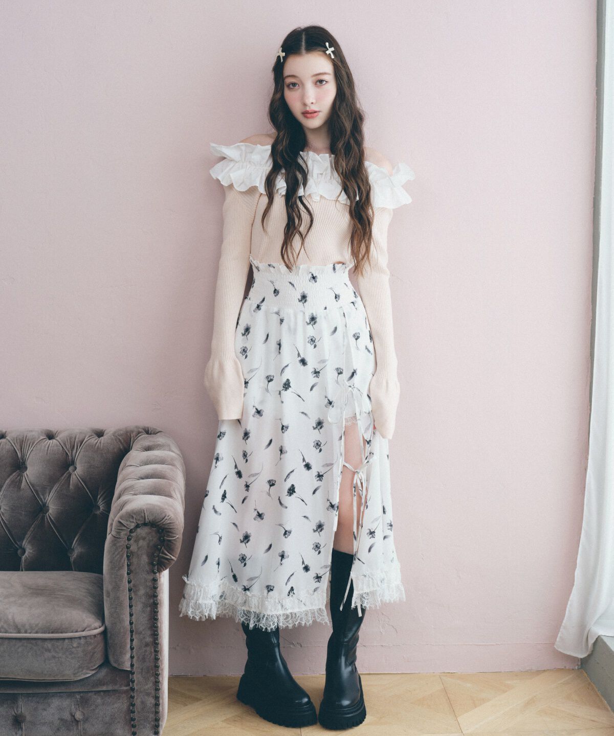 REDYAZEL「フェザープリントスリットスカショートパン」|フレア|オフ