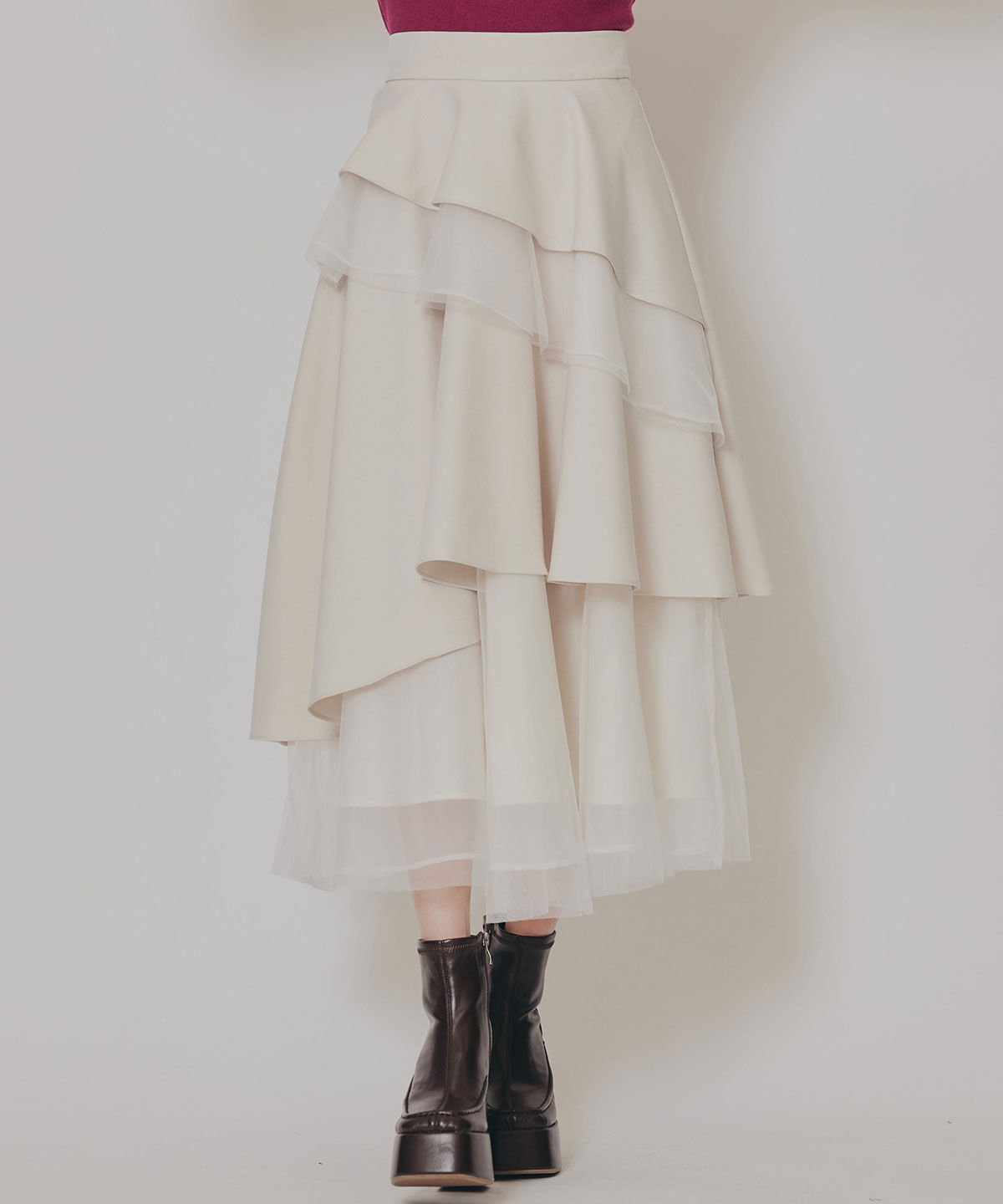 REDYAZEL「シアーMIXティアードロングスカート」|フレア|エクリュ