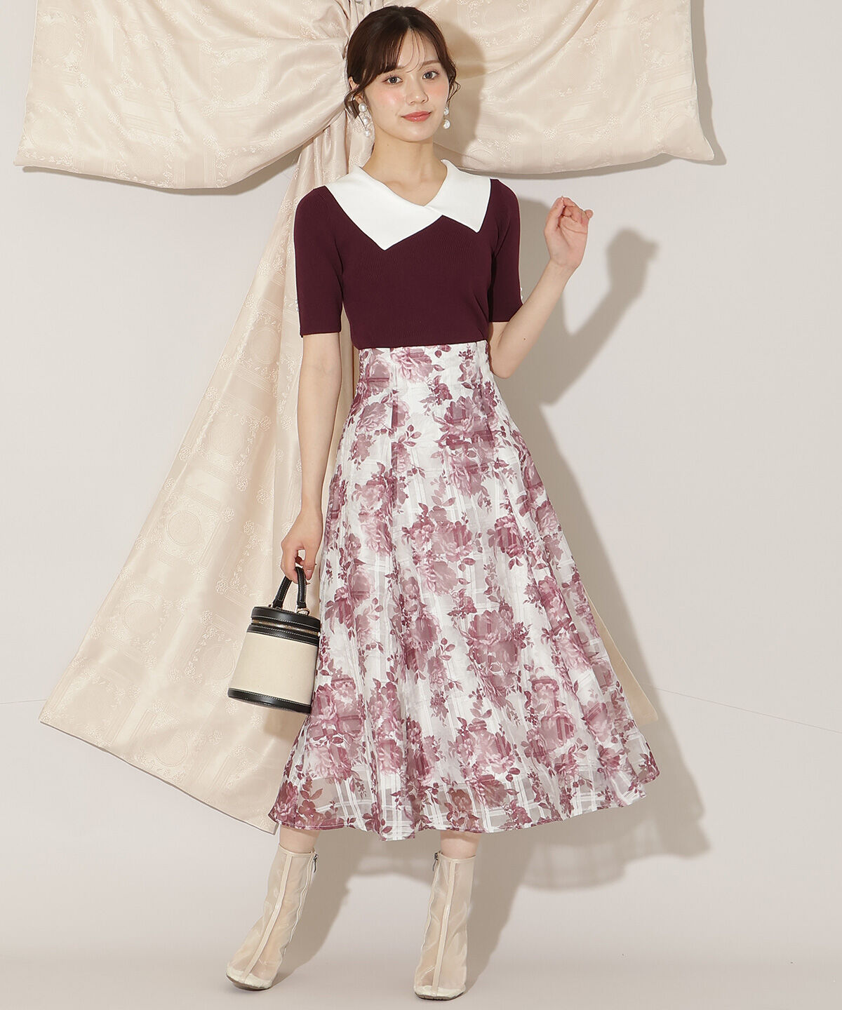 WILLSELECTION「モノトーンフラワーオーガンジーフレアスカート」|フレア|