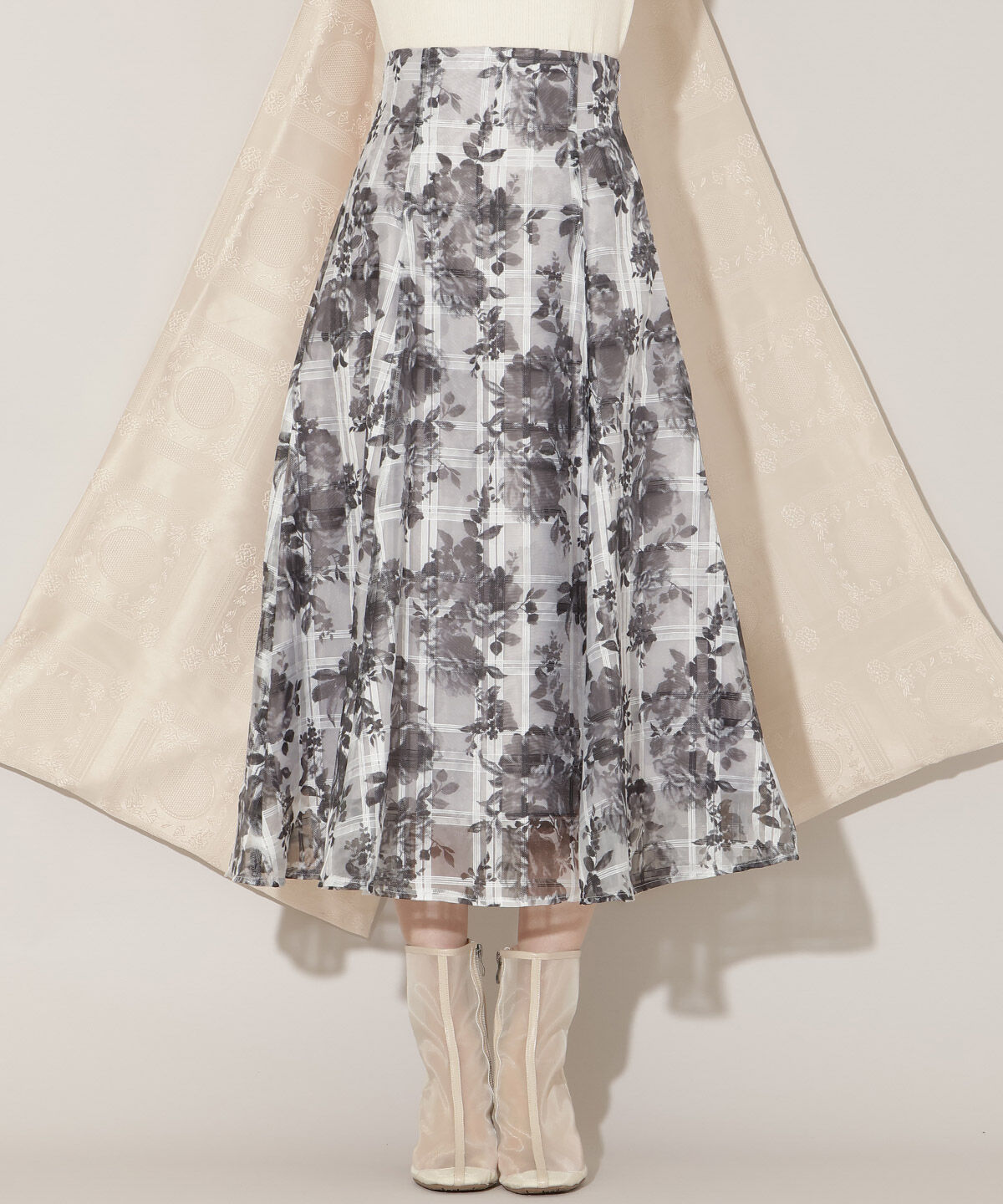WILLSELECTION「モノトーンフラワーオーガンジーフレアスカート」|フレア|