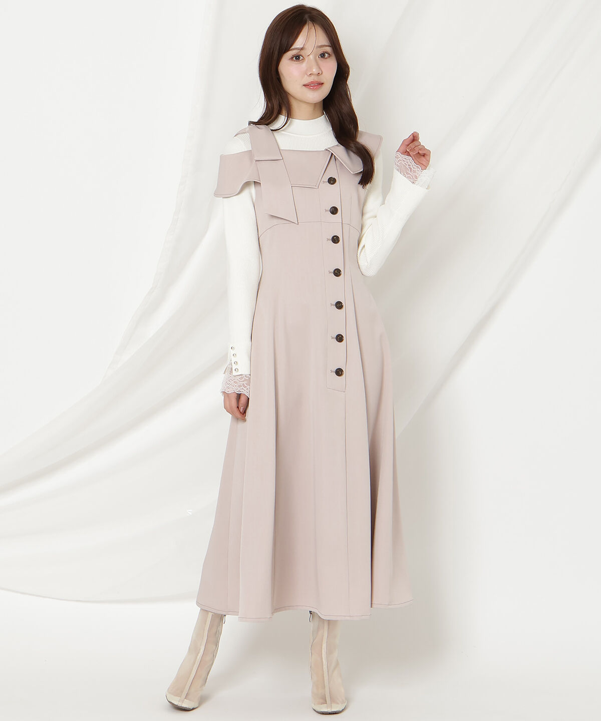 WILLSELECTION「アシンメトリーリボンショルダーワンピース」|ジャンパースカート|ピンク