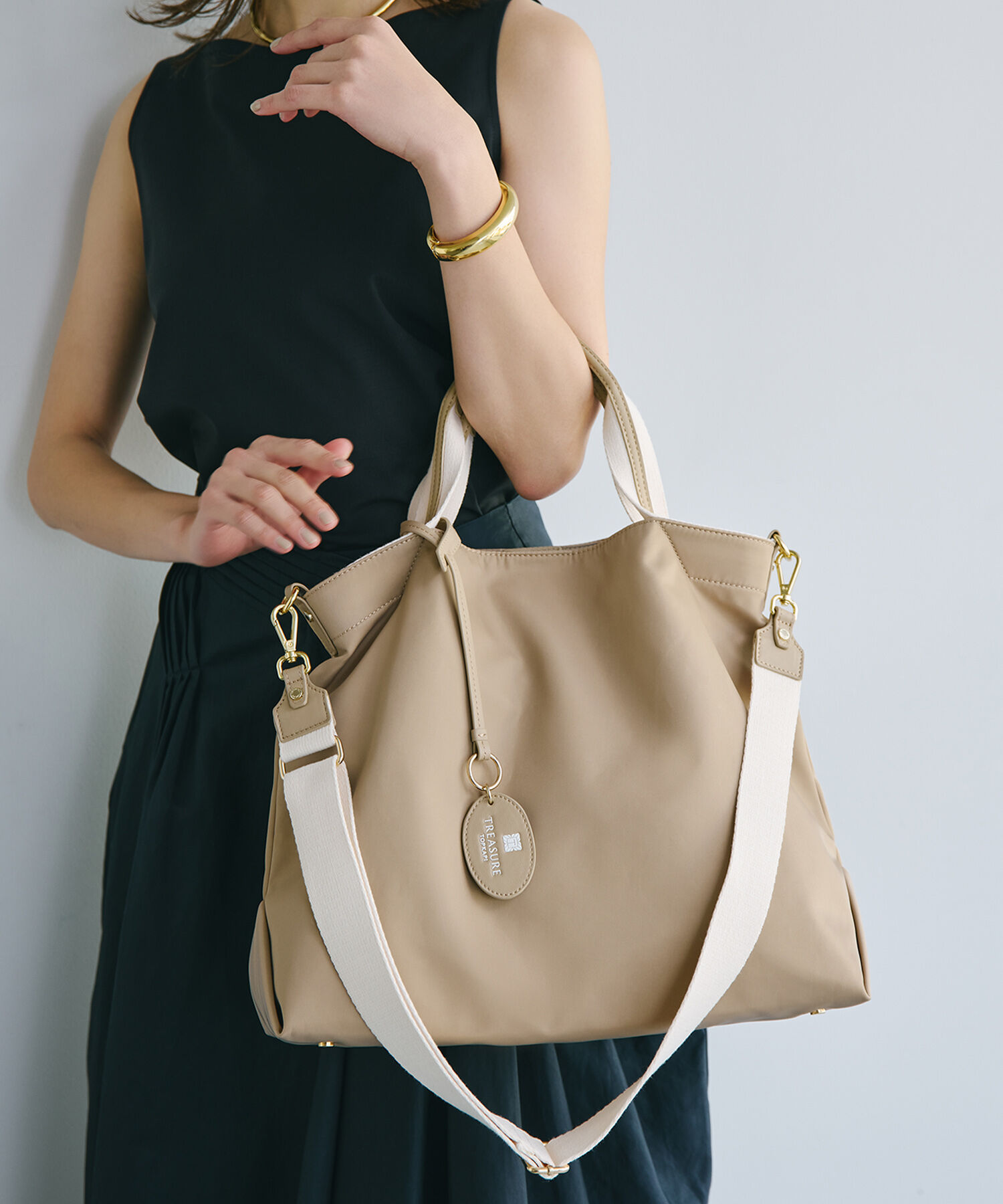 TOPKAPI BREATH「【TREASURE TOPKAPI】ストライプハンドル ナイロン 2way トートバッグ A4対応」|トートバッグ|ライトベージュ