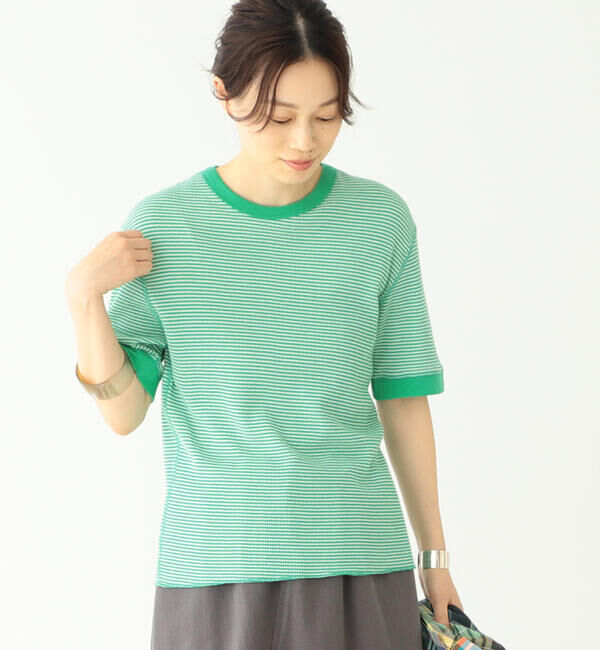 BEAMSBOY「【別注】Healthknit / ワッフル ボーダー Tシャツ」|Tシャツ・カットソー|GREEN/OFF