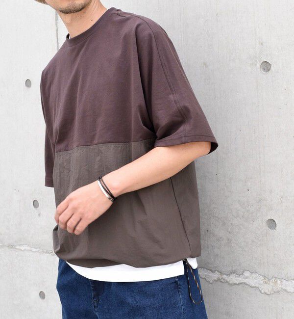 SHIPS any「SHIPS any: コットン / ナイロン コンビ スケアスリーブ スピンドル ワイド Tシャツ◇」|Tシャツ・カットソー|ブラウン