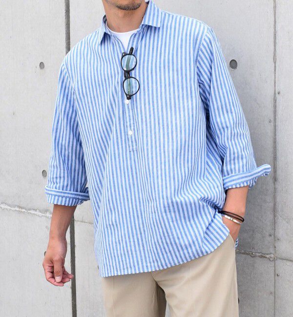 SHIPS any「SHIPS any: 〈洗濯機可能〉コットン / リネン ブルー ストライプ 7分袖 プルオーバーシャツ◇」|シャツ・ブラウス|