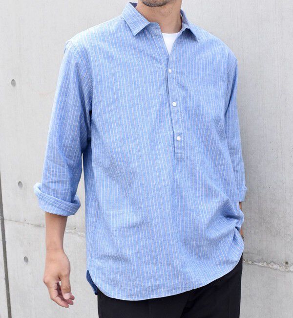 SHIPS any「SHIPS any: 〈洗濯機可能〉コットン / リネン ブルー ストライプ 7分袖 プルオーバーシャツ◇」|シャツ・ブラウス|