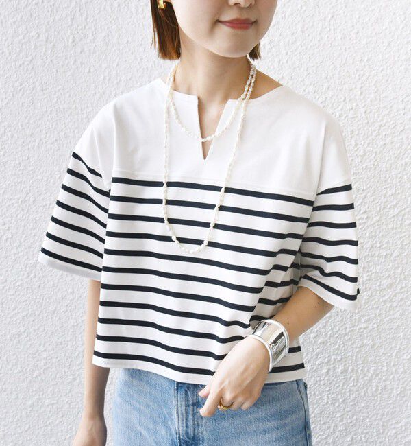 SHIPS for women「〈手洗い可能〉オーガニック 綿 ボーダー ショート スリーブ」|Tシャツ・カットソー|ネイビー