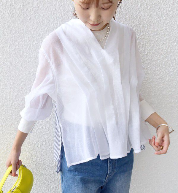 SHIPS for women「【WEB限定】〈手洗い可能〉異素材 ウエスト タック ブラウス」|シャツ・ブラウス|