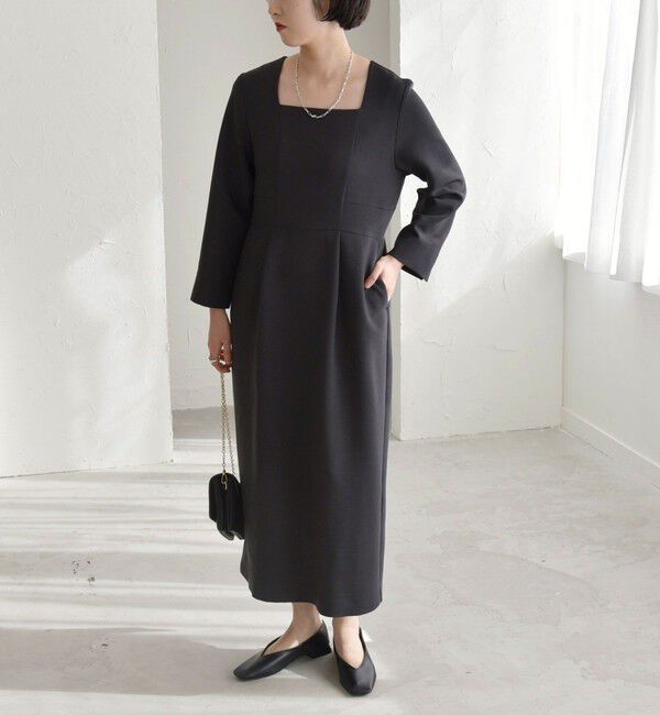 quaranciel「quaranciel:〈洗濯機可能〉ダブルクロス スクエアネック ロング ワンピース（セットアップ対応）」|ワンピース|チャコールグレー