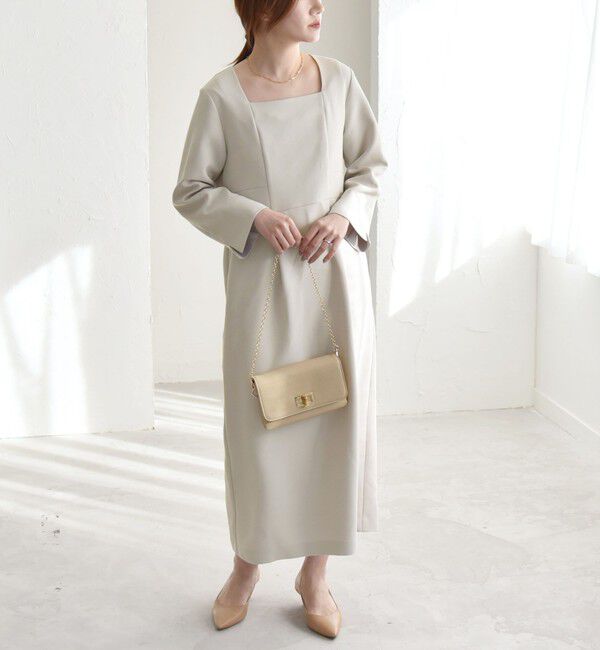 quaranciel「quaranciel:〈洗濯機可能〉ダブルクロス スクエアネック ロング ワンピース（セットアップ対応）」|ワンピース|ベージュ