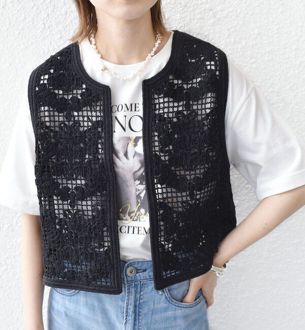 SHIPS for women「〈手洗い可能〉エンブロイダリー ニット ショート ベスト」|ベスト・ジレ|ブラック