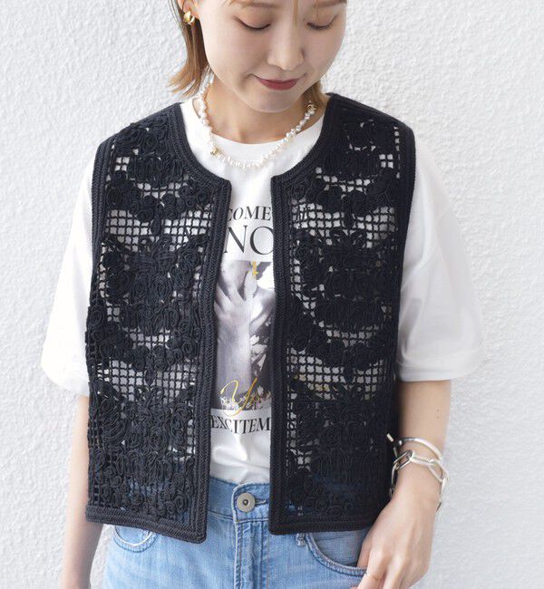 SHIPS for women「〈手洗い可能〉エンブロイダリー ニット ショート ベスト」|ベスト・ジレ|