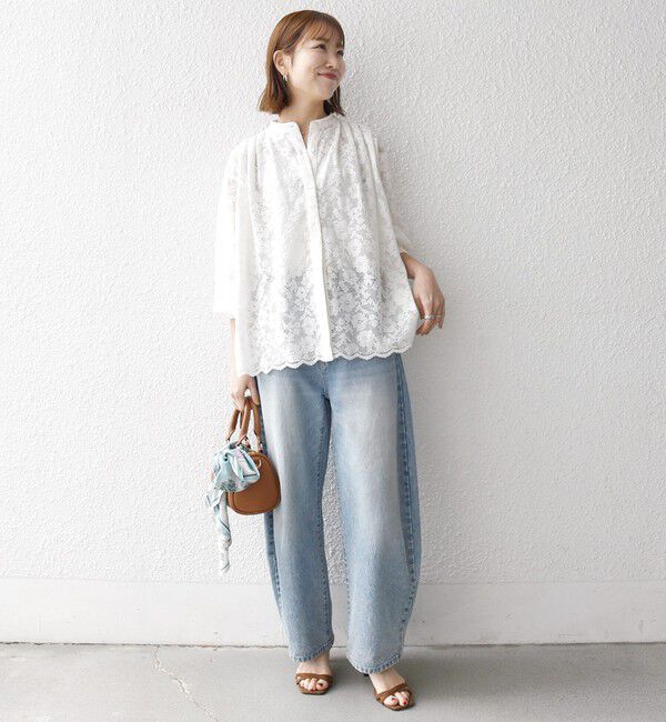 SHIPS any「《追加予約》SHIPS any:〈手洗い可能〉フラワー メッシュ レース バンドカラー タック シャツ」|シャツ・ブラウス|