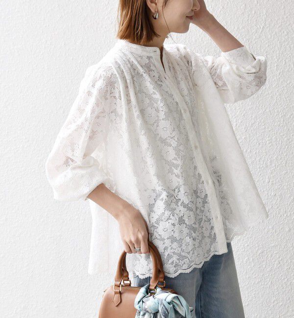 SHIPS any「《追加予約》SHIPS any:〈手洗い可能〉フラワー メッシュ レース バンドカラー タック シャツ」|シャツ・ブラウス|