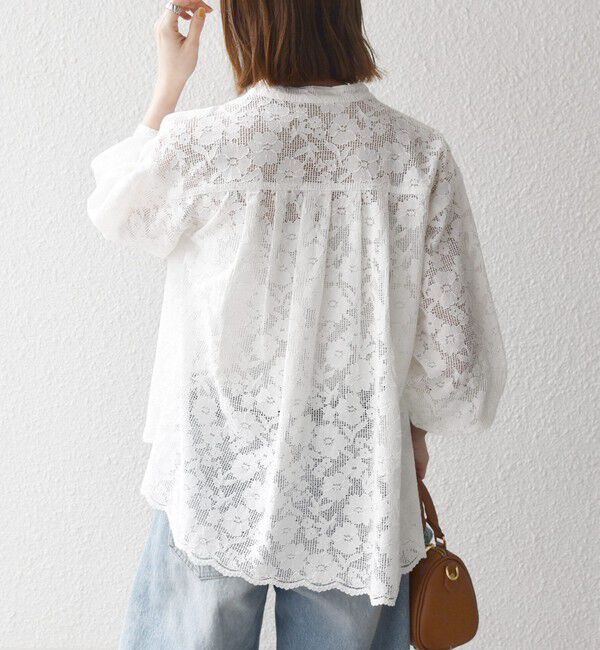 SHIPS any「《追加予約》SHIPS any:〈手洗い可能〉フラワー メッシュ レース バンドカラー タック シャツ」|シャツ・ブラウス|