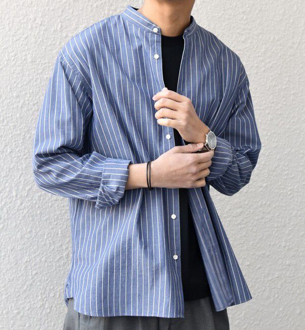 SHIPS any「SHIPS any:〈洗濯機可能〉コットン/リネン ストライプ バンドカラー シャツ 26SS◇」|シャツ・ブラウス|ネイビー