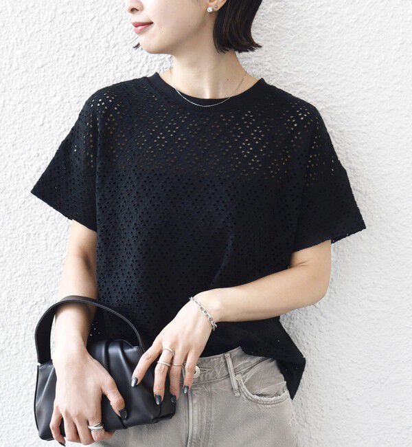 SHIPS for women「〈手洗い可能〉アイレット ショート スリーブ プルオーバー」|Tシャツ・カットソー|ブラック