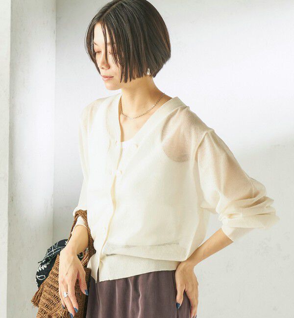SHIPS for women「《一部追加予約》〈手洗い可能〉麻混 シアー Vネック カーディガン」|カーディガン|ホワイト