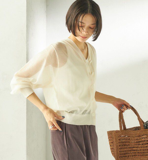 SHIPS for women「《一部追加予約》〈手洗い可能〉麻混 シアー Vネック カーディガン」|カーディガン|