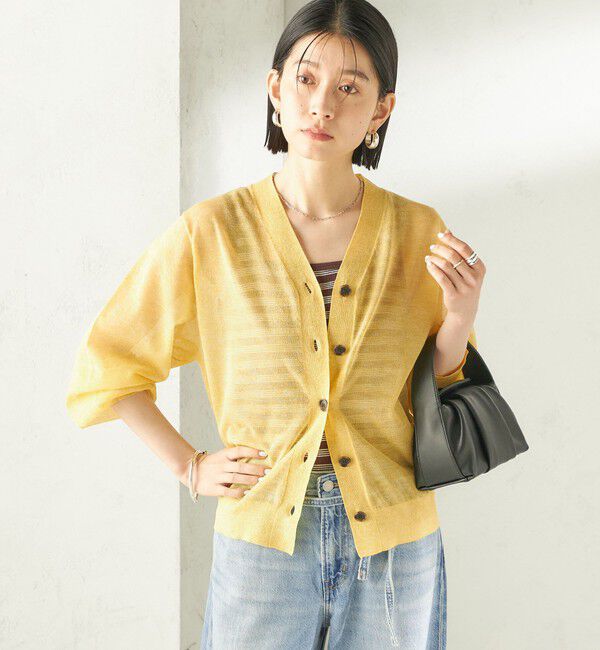 SHIPS for women「《一部追加予約》〈手洗い可能〉麻混 シアー Vネック カーディガン」|カーディガン|