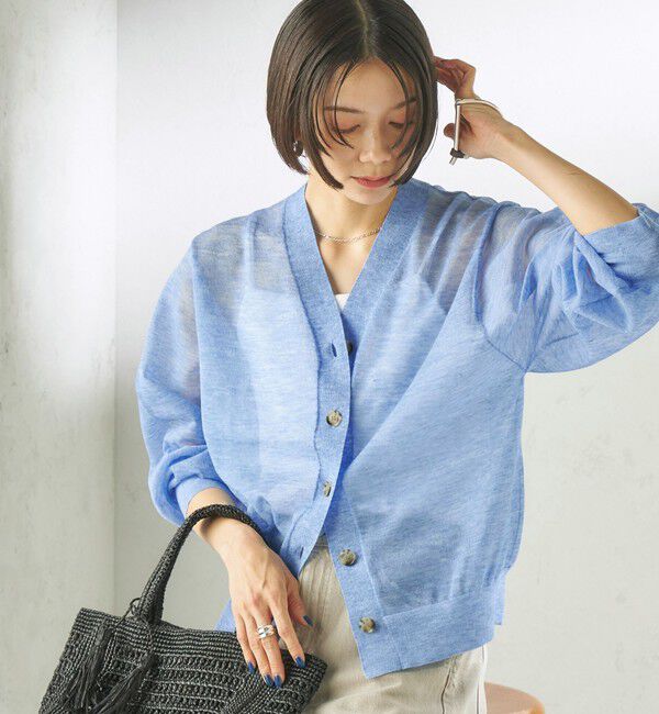 SHIPS for women「《一部追加予約》〈手洗い可能〉麻混 シアー Vネック カーディガン」|カーディガン|ライトブルー