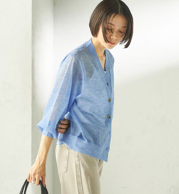 SHIPS for women「《一部追加予約》〈手洗い可能〉麻混 シアー Vネック カーディガン」|カーディガン|