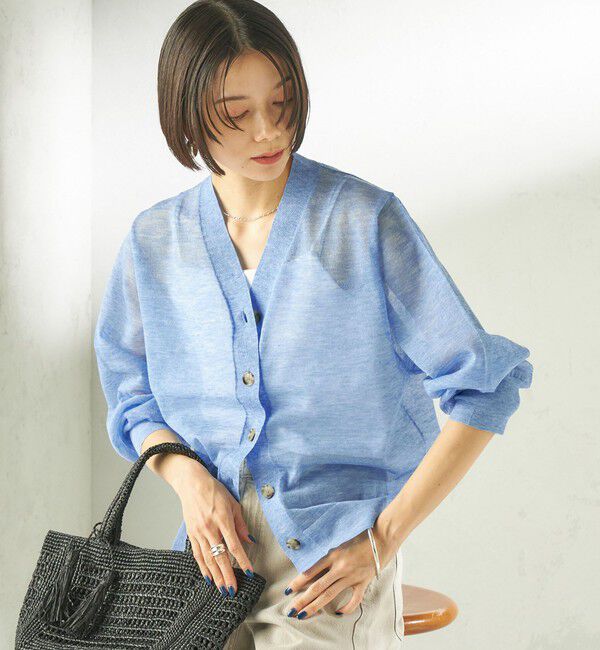 SHIPS for women「《一部追加予約》〈手洗い可能〉麻混 シアー Vネック カーディガン」|カーディガン|