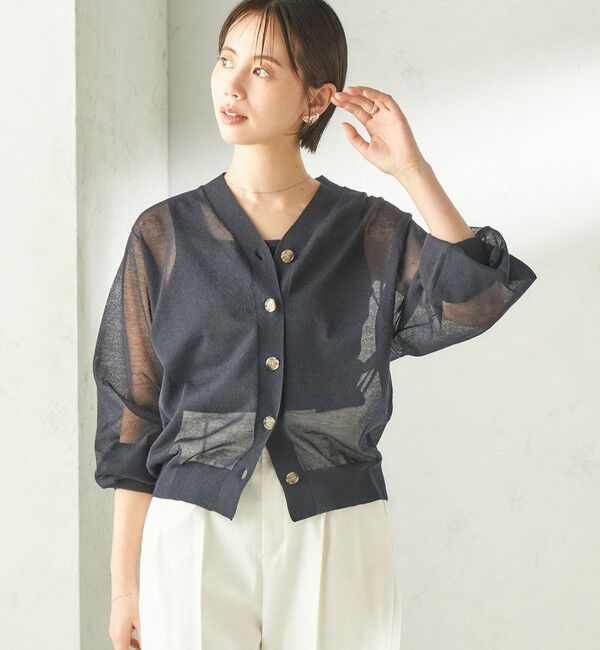 SHIPS for women「《一部追加予約》〈手洗い可能〉麻混 シアー Vネック カーディガン」|カーディガン|