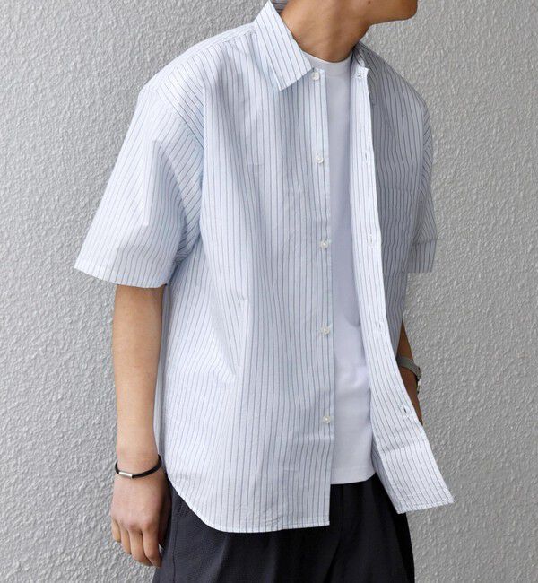 SHIPS any「SHIPS any: JAPAN MADE ブルー ストライプ/ソリッド レギュラーカラー 半袖 シャツ◆」|シャツ・ブラウス|ライトブルー