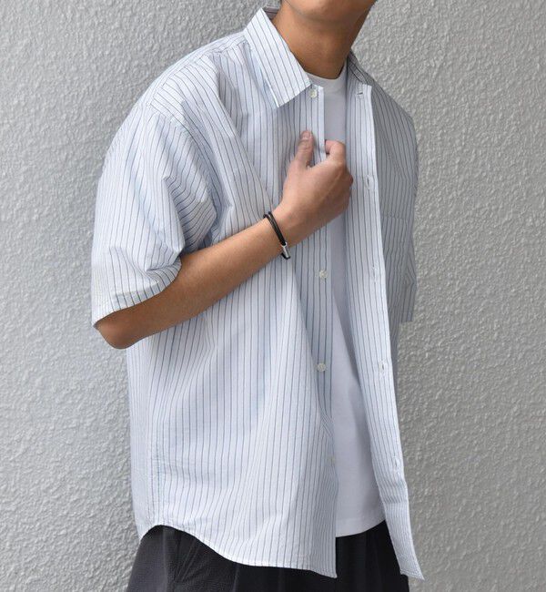 SHIPS any「SHIPS any: JAPAN MADE ブルー ストライプ/ソリッド レギュラーカラー 半袖 シャツ◆」|シャツ・ブラウス|