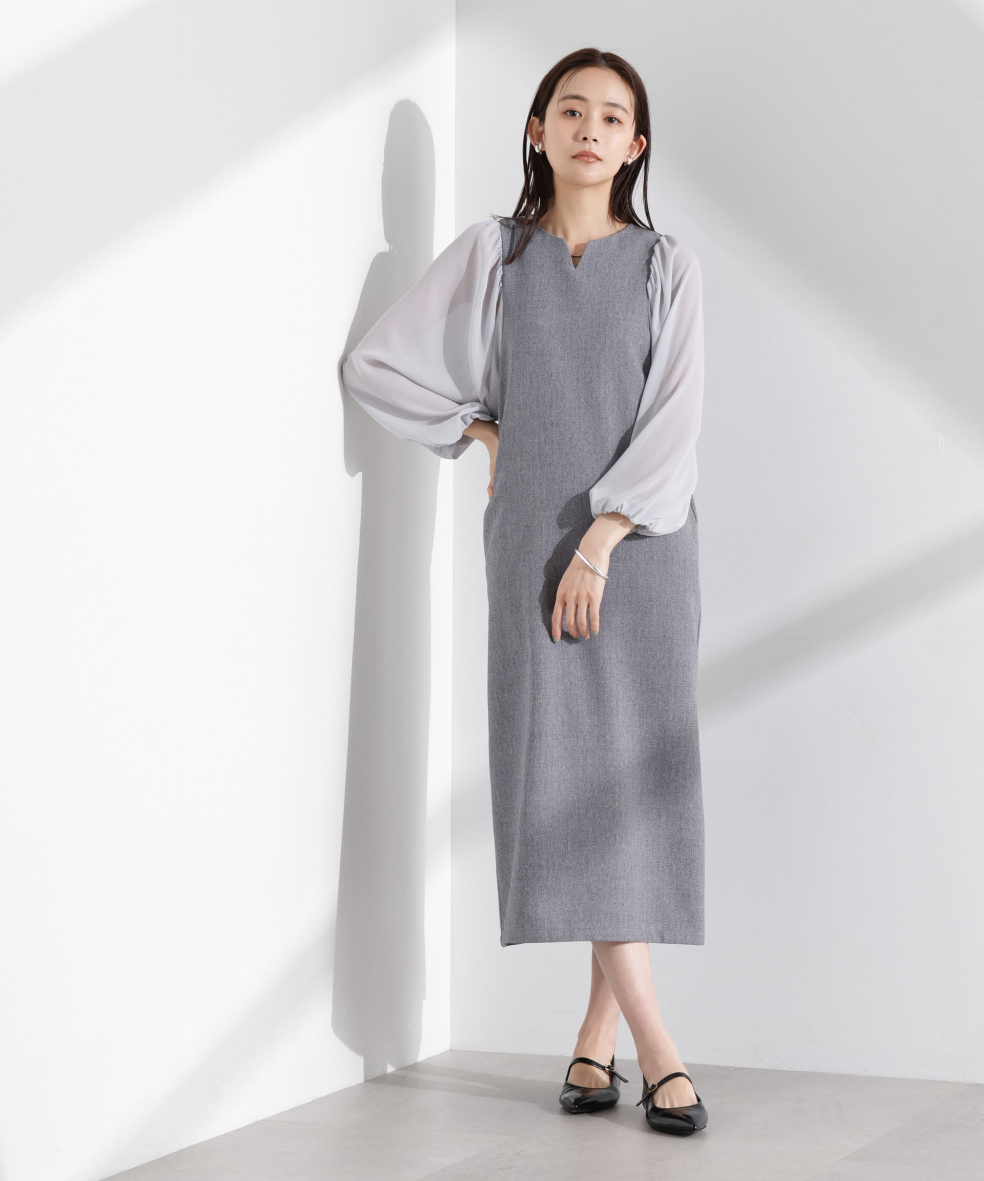 nano･universe「シアーボリュームスリーブコンビワンピース」|ワンピース|