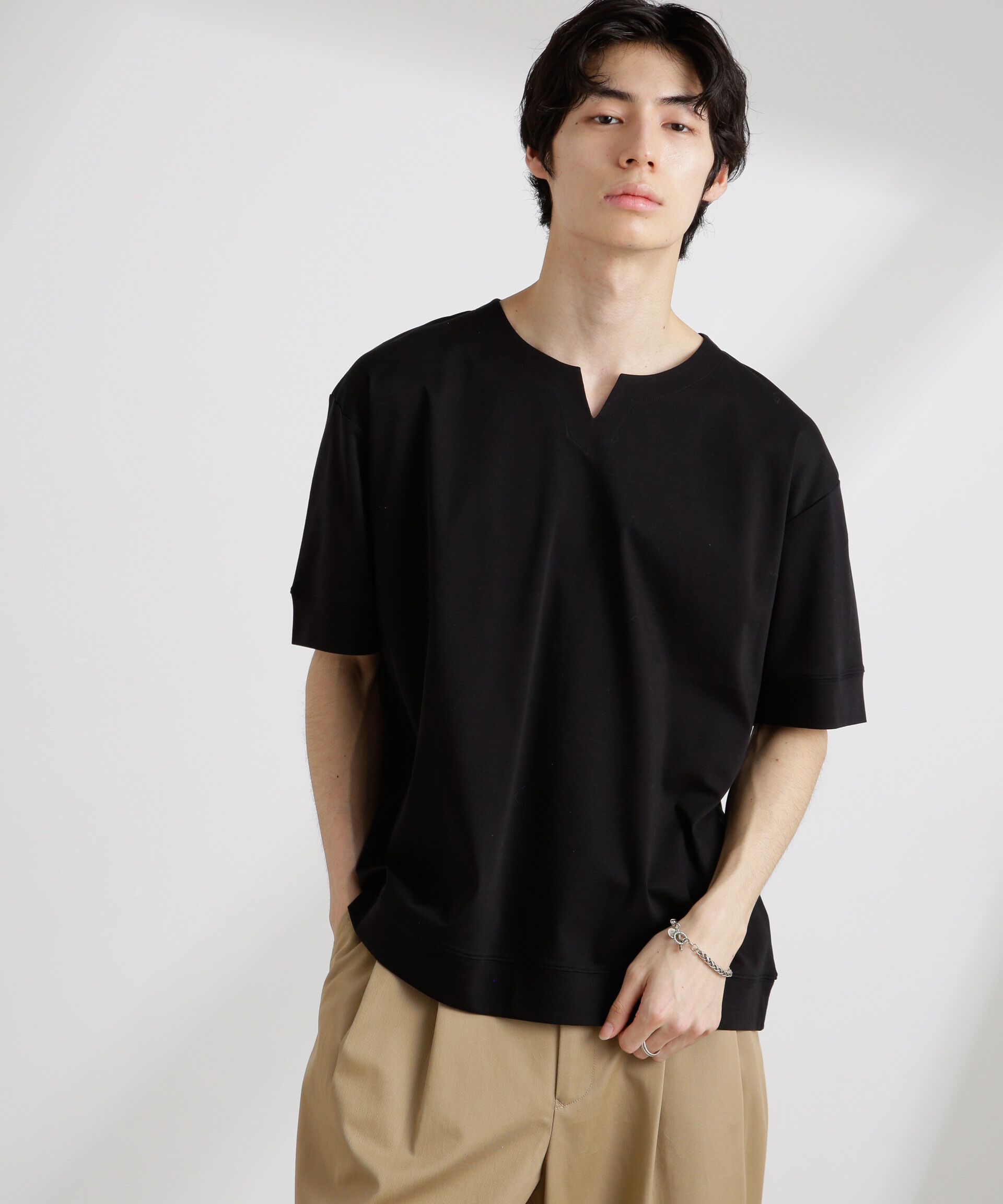 nano･universe「50/－シルケットスムースキーネックTシャツ」|Tシャツ・カットソー|ブラック